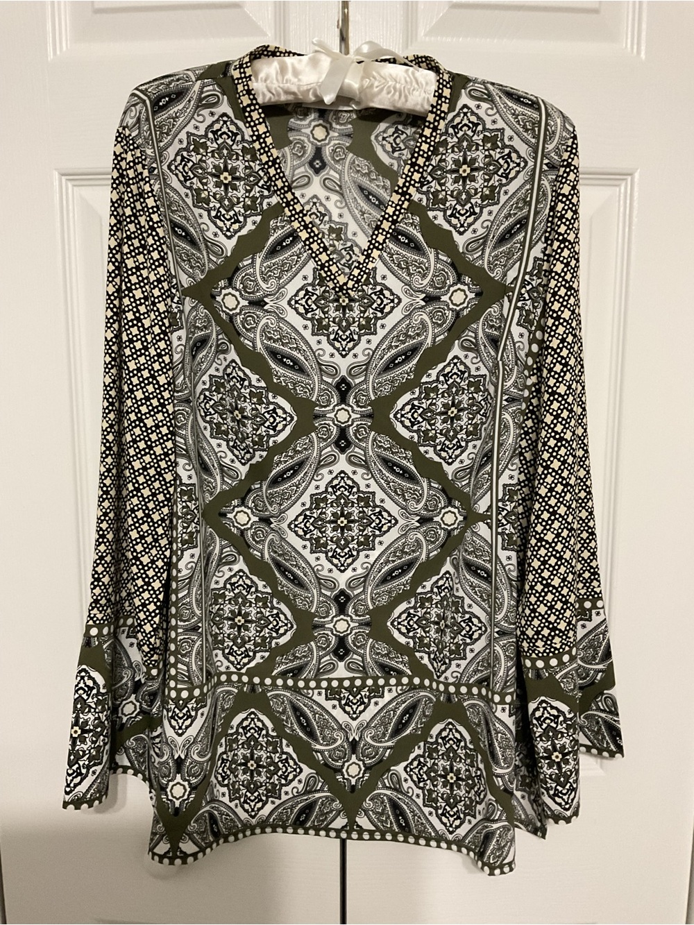 Kim Gravel  Boho Printed V-Neck Tunic Top - Olive, Black & White